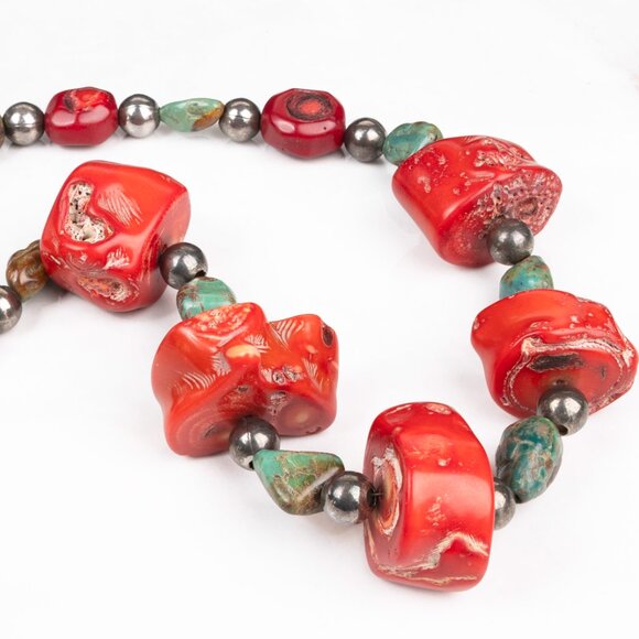 Turquoise and Chunky Red Coral  & Silver Bead Statement Vintage Necklace - Picture 6 of 8